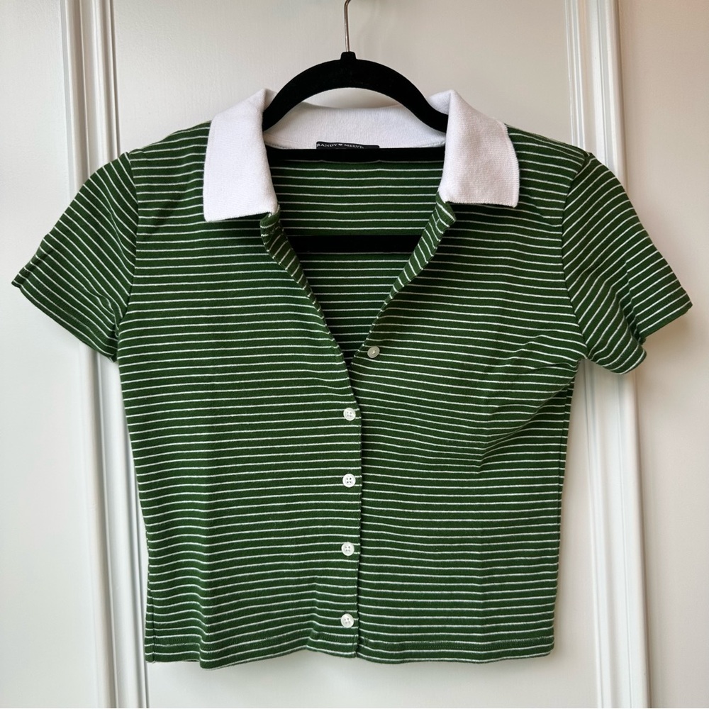 Brandy Melville Green Striped Button Up Tee